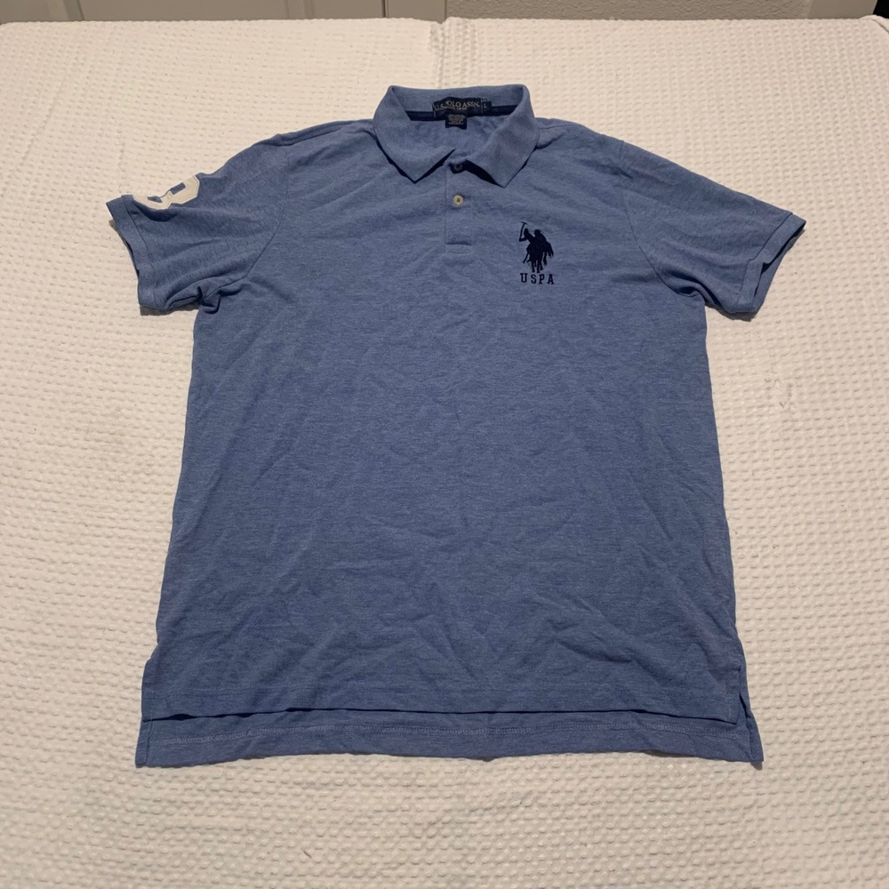 US Polo Assn Mens Blue Short Sleeve Logo Polo Shirt Size L 3 Patch Heathered